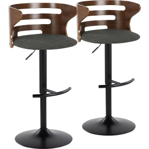 Cosi Adjustable Swivel Bar Stool in Black Metal, Walnut Wood & Charcoal Fabric (Set of 2)